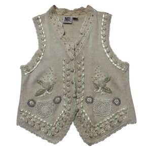 Vintage Mixed Blues Y2K Sweater Vest Womens M Ivory Beaded Floral Cottagecore